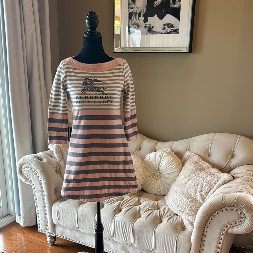 Burberry Striped Long Sleeve Dress - Pink and Gray
